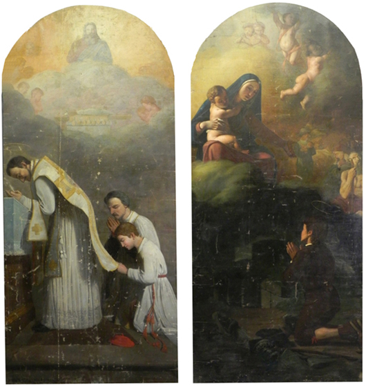 Monumental pair of arched oils on canvas by Victor Mazier (1864), one signed, 128¼ inches by 58¼ inches. Image courtesy of Crescent City Auction Gallery.