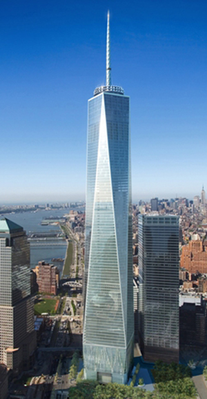Computer-generated image of the new 1 World Trade Center, with 7 World Trade Center shown nearby to the right. Fair use of copyrighted image under terms of United States Copyright Law. Image copyright Silverstein Properties.