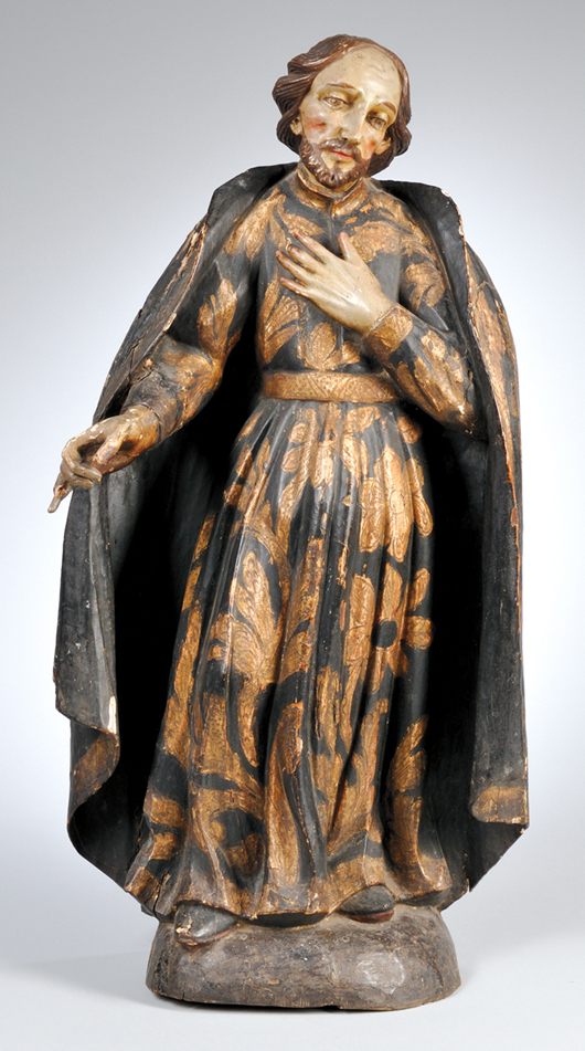 Polychome Painted and Gilt Gesso and Carved Wood Figure of a Saint, approx. ht. 33, wd. 16 in. Estimate: $1,500-2,500. Skinner image.