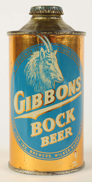 From the Adolf Grenke collection, an early 1940s Gibbons Bock Beer can, considered the nicer of two known examples. Morphy Auctions image.
