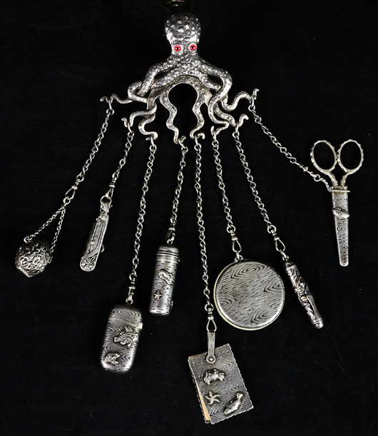 Nineteenth century Gorham sterling silver octopus form chatelaine. Sold for $11,800. Image courtesy Nest Egg Auctions.