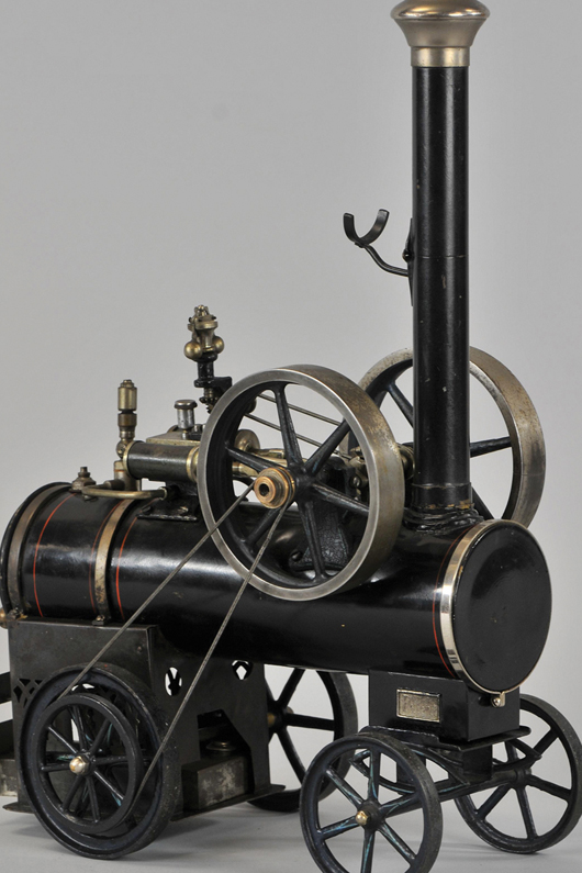 Marklin rolling steam engine with foldable stack, double flywheel, other desirable details, $8,050. Bertoia Auctions image.