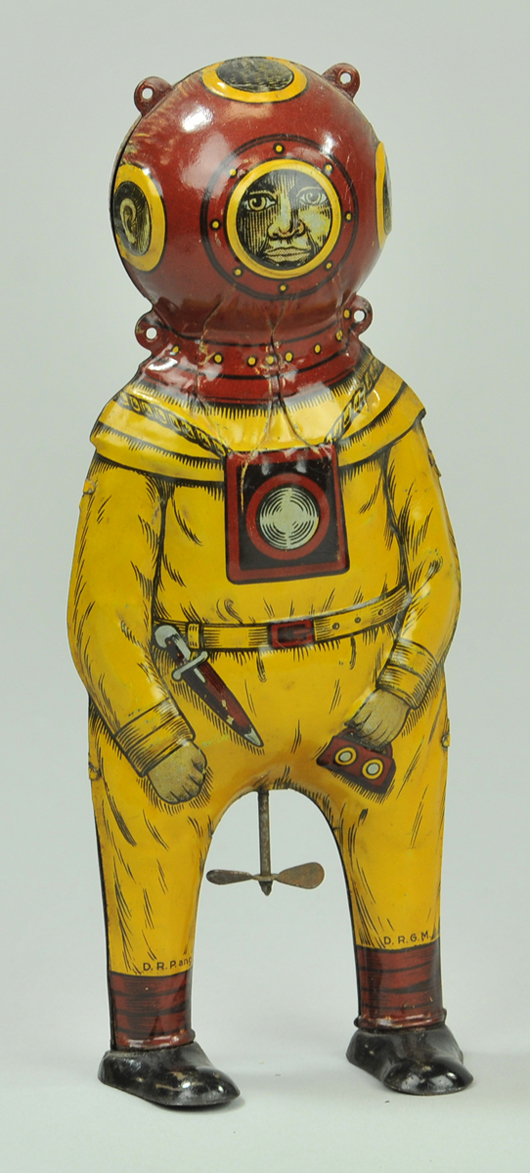 Deep Sea Diver lithographed tinplate wind-up toy, German, $5,750. Bertoia Auctions image.