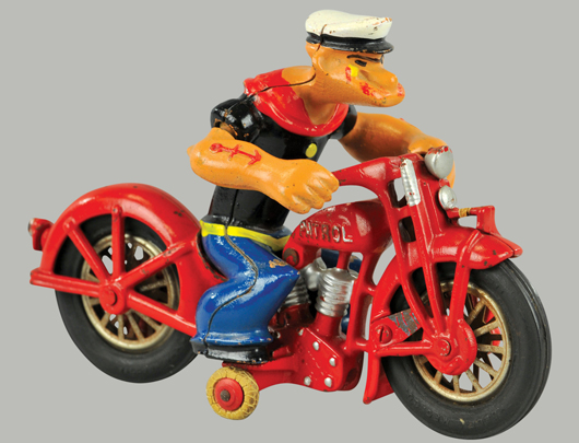 Hubley Popeye Patrol cast-iron motorcycle toy, $19,550. Bertoia Auctions image.