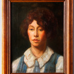 Portrait of a young woman wearing a blue jumper, oil on canvas, signed ‘Grant Wood – 1923,’ lower right, in original frame. Image courtesy Kaminski Auctions.