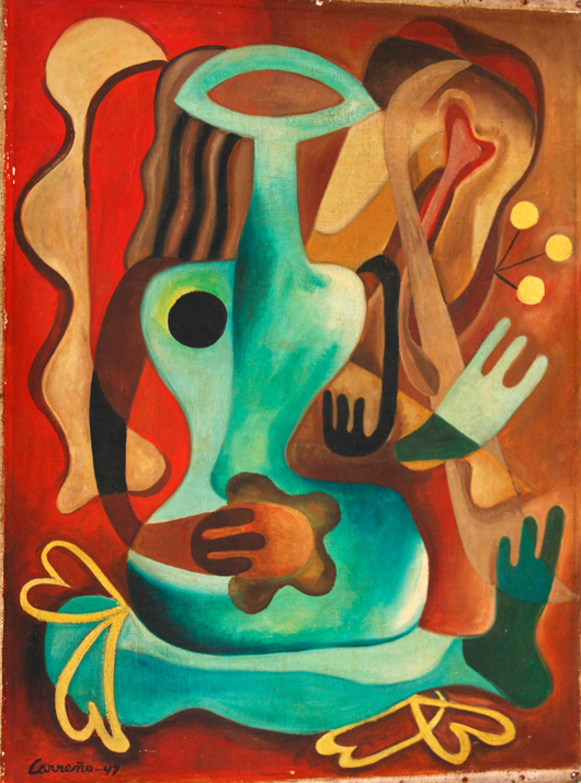 Mario Carreno (Cuban, 1913-1999), abstract of a seated woman musician, oil on canvas, signed and dated 1947. Image courtesy Kaminski Auctions.   