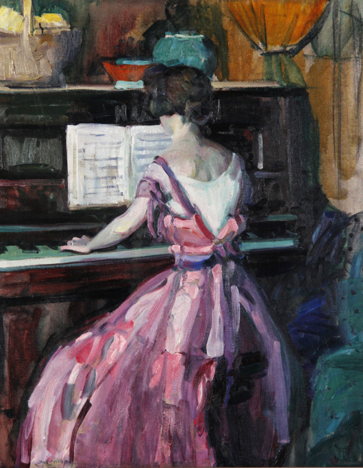 Jane Peterson (American, 1876-1965), ‘Woman at the Piano,’ oil on canvas, signed lower left. Image courtesy Kaminski Auctions.