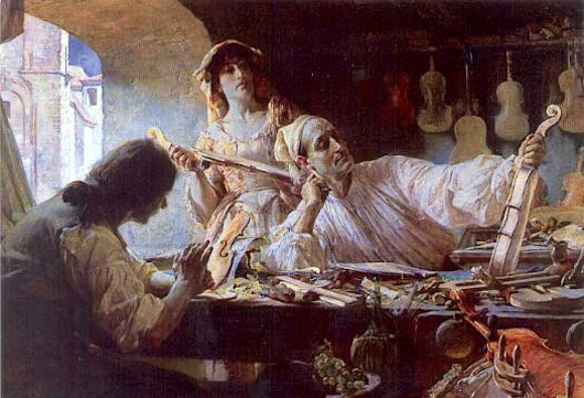 An Edgar Bundy (English, 1862-1922) romanticized painting of Antonio Stradivari at work in is shop. Image courtesy Wikimedia Commons.