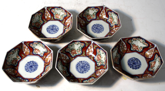 Five 18th century Ko Imari mukozuke bowls. Image courtesy Showplace Antique + Design Center.   