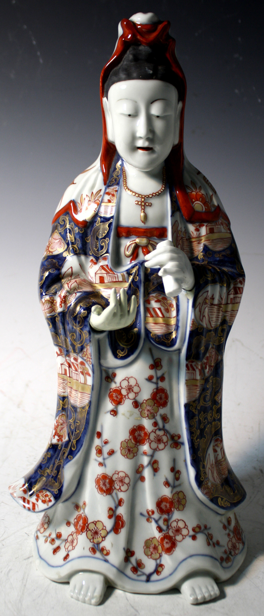 Iro-e Ko Imari porcelain Guanyin figure. Image courtesy Showplace Antique + Design Center.   