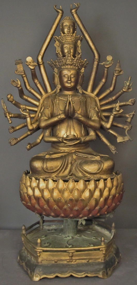 ‘Pure Chinese’ bronze deity, top lot of the sale, $151,450 against an estimate of $4,000-$6,000. Sterling Associates image.