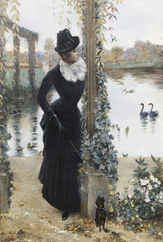 Norbert Goeneutte (French, 1854-1894), ‘Jeune Femme au Petit Chien Noir,’ oil on canvas, 29 3/4 x 19 1/2 inches. Estimate: $10,000-$15,000. Image courtesy New Orleans Auction Galleries.   