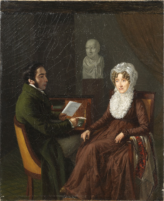 Jean Joseph Vaudechamp (French, 1790-1866, active New Orleans 1831-39), ‘Portrait of a Man and Woman, Presumably Baroness Louise Deconchy Receiving Word of Her Husband's Death in Battle,’ oil on canvas, signed and dated 1823. Estimate: $20,000-$40,000. Image courtesy New Orleans Auction Galleries.