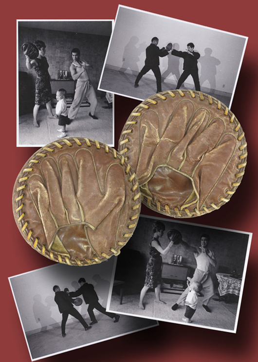 Leather ‘focus mitts’ owned and worn by martial arts superstar Bruce Lee during training sessions. PFC Auctions image.   
