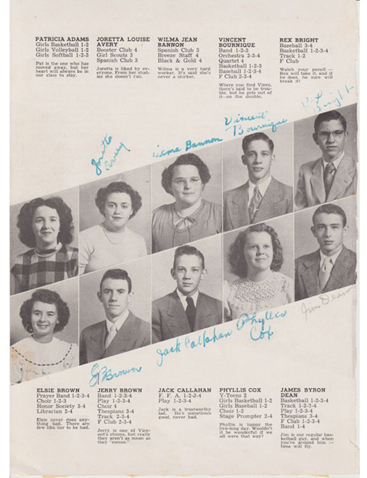 Page from 1949 Fairmount (Ind.) High School yearbook that includes signed photo of future actor James Dean. PFC Auctions image.
