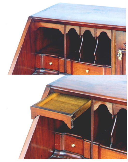 The drawer hidden behind the valence in this 18th century desk could very well remain hidden.   