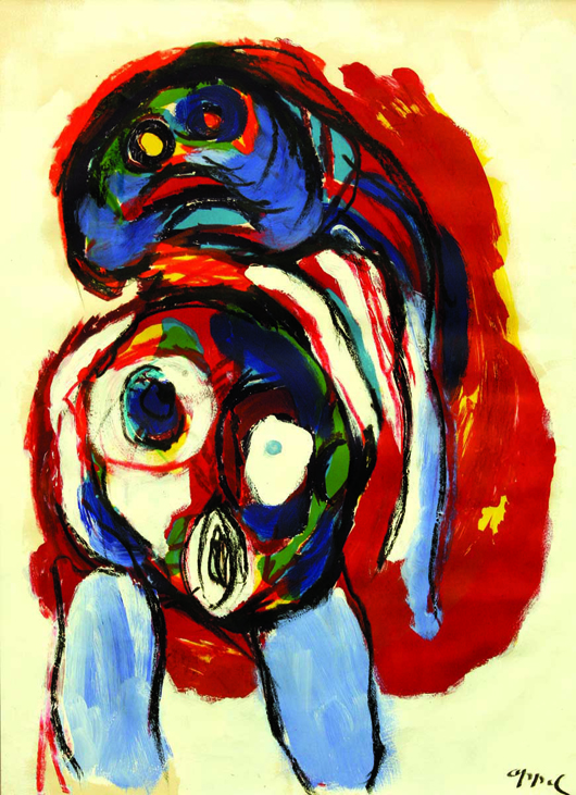 From Dutch artist Karel Appel (1921-2006) is his vibrant colored gouache on paper titled 'Blue Nude' which is estimated at $20,000 to $40,000. Image courtesy Clars Auction Gallery.