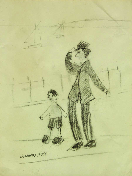 This rare pencil drawing on paper entitled 'Windy Day' by Laurence Stephen Lowry (British, 1887-1976) is estimated to sell for $10,000 to $20,000. Image courtesy Clars Auction Gallery.   