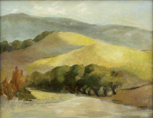 Highlighting the California art to be offered is 'Hills over the Carmel River' by August Gay (1890-1948). It's expected to earn $40,000 to $60,000. Image courtesy Clars Auction Gallery.   