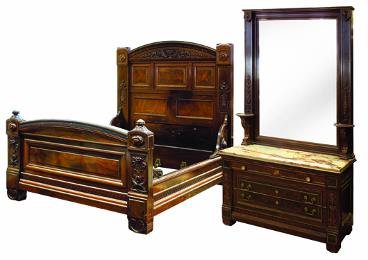 This Victorian bedroom suite was created in 1878 for James C. Flood by Pottier & Stymus for an astounding $78,000. This bedroom suite comes to auction at Clars on Sunday. Image courtesy Clars Auction Gallery.   