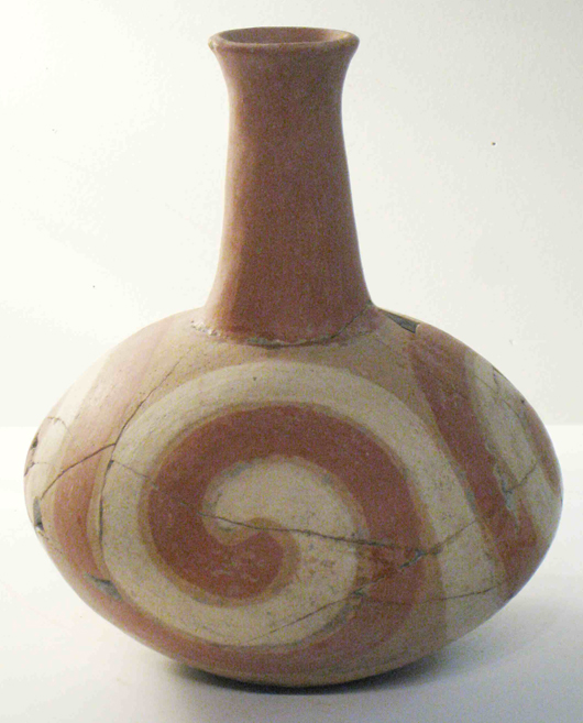 Quapaw Native American vase, 10 inches tall, found in Arkansas, with original polychrome paint. Image courtesy Gordon S. Converse & Co.