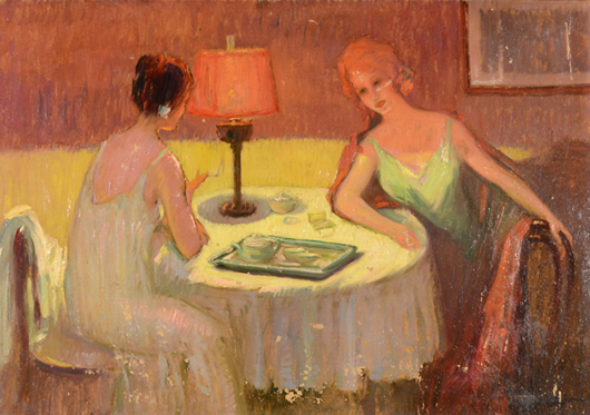 Leon Biju (Romanian, 1880-1970), ‘The Conversation,’ dated 1924. Image courtesy Trinity International Auctions.