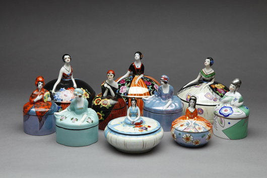 Group of figural dresser jars. Image courtesy A.H. Wilkens Auctions & Appraisals.