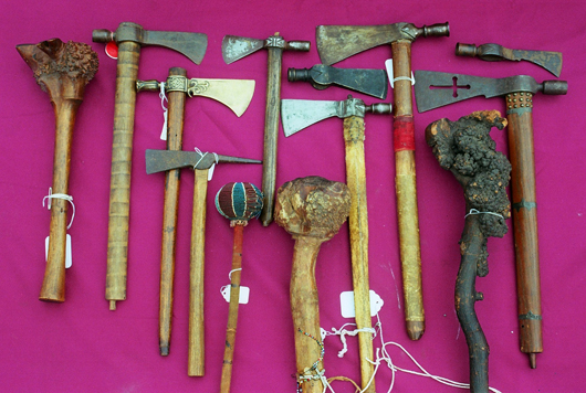 Important collection of tomahawks and war clubs. Image courtesy Caddigan Auctioneers Inc.