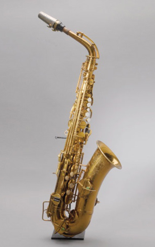 The E-flat alto saxophone, once owned by jazz great Charlie Parker, is a Buescher Aristocrat, made in Elkhart, Ind., in the 1930s. Image courtesy Michaan's Auctions.