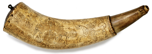 Engraved powder horn attributed to Moses Walcut - $25,850. Image courtesy Cowan's Auctions Inc.
