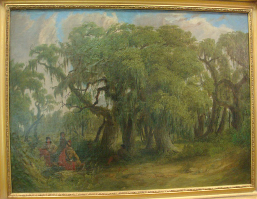 Seth Eastman (American, 1808-1875) oil on canvas ‘Seminole Peace Party,’ circa 1840, 35 1/2 x 25 1/2 inches. Estimate: $450,000-$650,000. Image courtesy Phoebus Auction Gallery. 