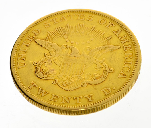 Reverse view of 1850 $20 U.S. Liberty Head gold coin. Government Auction image.