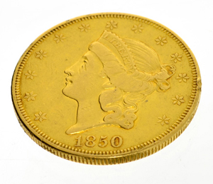Obverse view of 1850 $20 U.S. Liberty Head gold coin. Government Auction image.