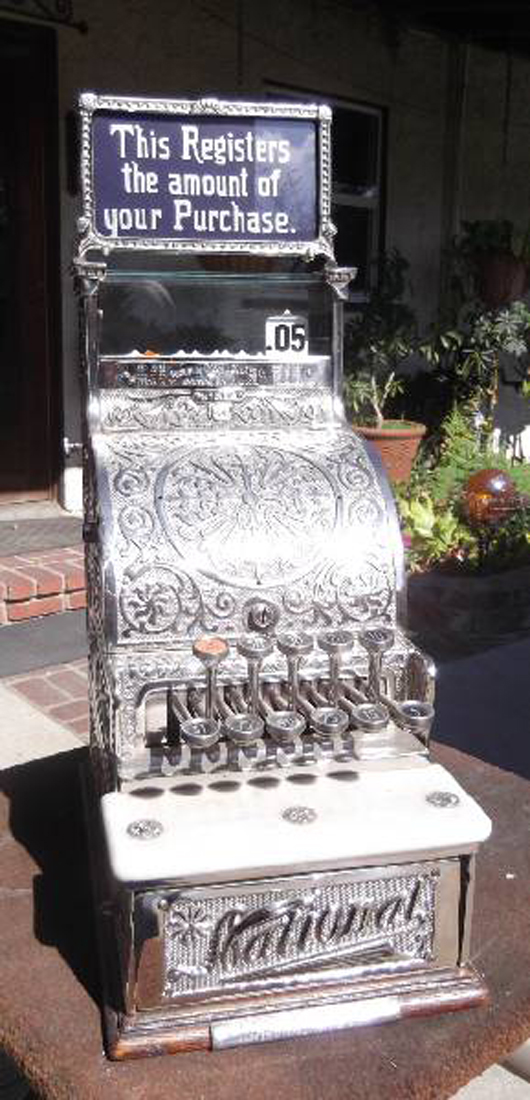 Rare National Model 5 nickel-plated candy store cash register. Government Auction image.