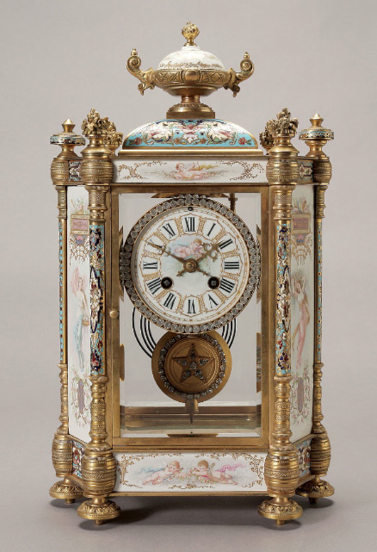 French champleve enamel gilt bronze mantee clock. Estimate: $12,000-$15,000. Image courtesy Michaan's Auctions.