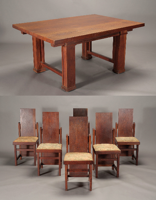 Frank Lloyd Wright dining set, six chairs and a table, table with two leaves. Estimate: $80,000-$100,000. Image courtesy Michaan's Auctions.