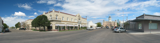 A panoramic view of downtown Marfa, Texas, population 1,981. At left is the Hotel Paisano. In the distance is Marfa's City Hall. Photo licensed under the Creative Commons Attribution-Share Alike 3.0 Unported license.