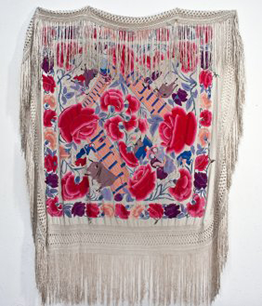Wearable art included a trio of 20ths Chinese Export silk shawls. The one shown here sold for $1,000. Material Culture image.