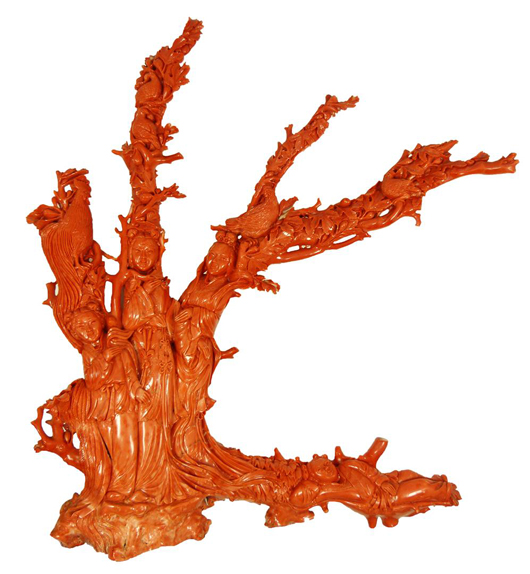 Several gorgeous and highly sought after red coral carved figures, like this one, will be sold June 24. Image courtesy Elite Decorative Arts.