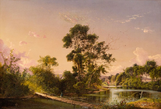 David Johnson (American, 1827-1908), ‘Sunset On the Unadilla River,’ 1856, oil on canvas, 19 x 28 1/8 inches. Estimate: $50,000-$80,000. Image courtesy Keno Auctions.