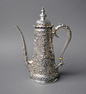 Tiffany & Co. Olympian sterling chocolate pot. Estimate: $3,000-$4,000. Image courtesy Leighton Galleries Inc.