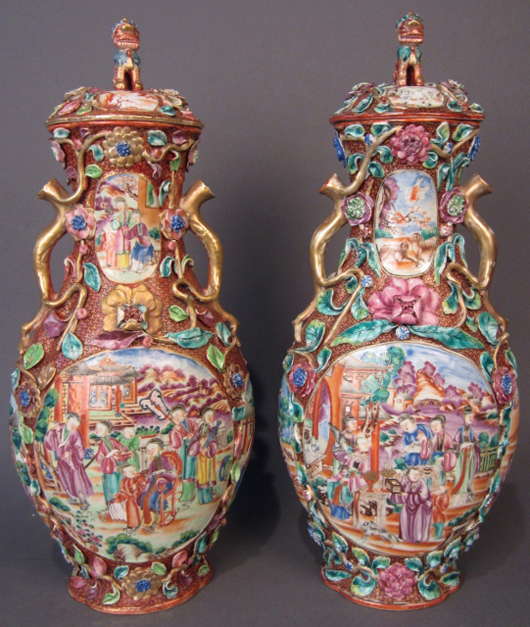 Pair of circa-1750 Qianlong Chinese famille rose covered vases in the Mandarin pattern, est. $20,000-$30,000. Sterling Associates image.