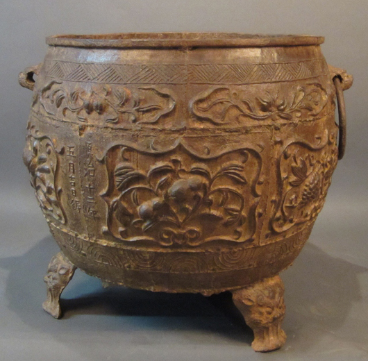 Monumental 18th-century Chinese iron planter with handles, est. $4,000-$6,000. Sterling Associates image.