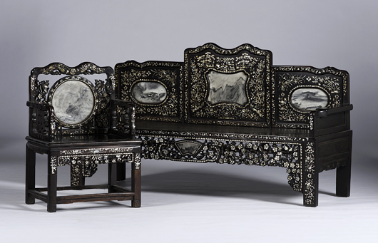 Chinese export mother-of-pearl inlaid bench and chair: $7,800. Image courtesy Cowan’s Auctions.