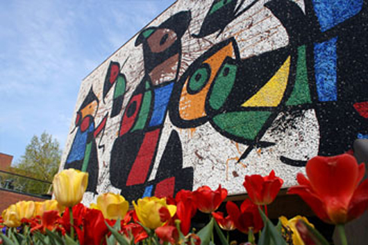 Joan Miro (Spanish, 1893-1983), mural titled 'Personnages Oiseaux' or 'Bird People,' 1978, 28 x 52 feet, Venetian glass and marble. Image used with the expressed permission of the Ulrich Museum of Art, Wichita State University in Kansas.