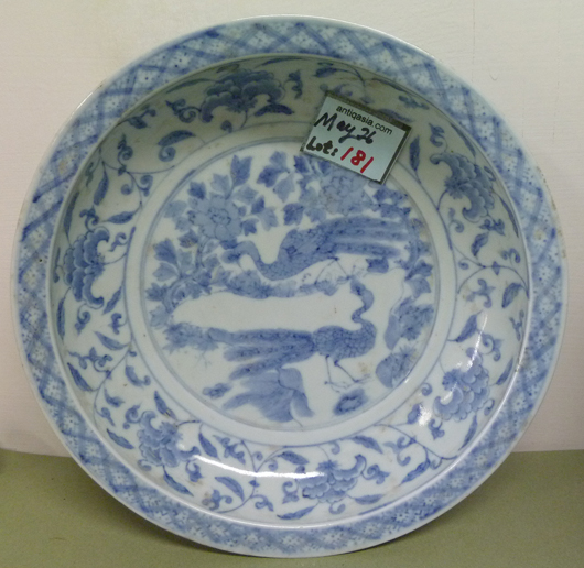 19th-century shallow porcelain bowl with Chinese cobalt blue decoration. Asian Antiques & Art Gallery image.
