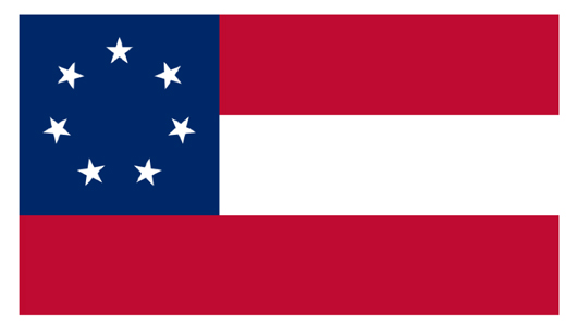 The first Confederate national flag with 7 stars (March 4, 1861 – May 21, 1861). Image courtesy Wikimedia Commons.