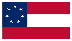 The first Confederate national flag with 7 stars (March 4, 1861 – May 21, 1861). Image courtesy Wikimedia Commons.