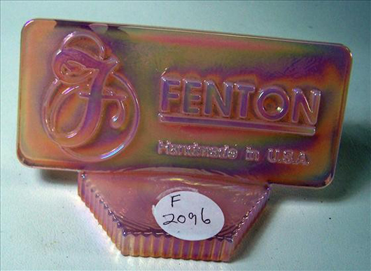 A Fenton Art Glass advertising piece. Image courtesy LiveAuctioneers.com Archive and Harrison Auctions Inc. 