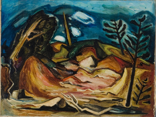 Hale Aspacio Woodruff (African-American, 1900-1980), oil-on-canvas landscape, est. $15,000-$25,000. Quinn’s image.